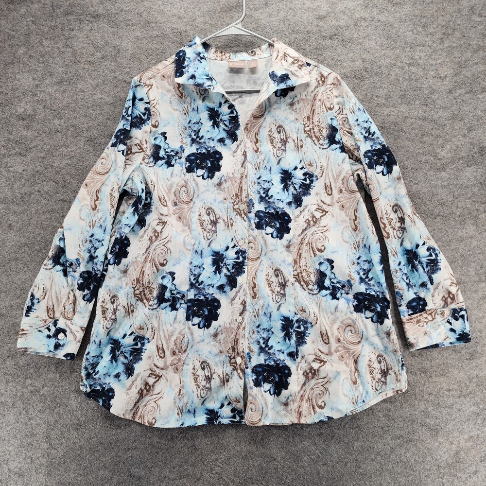 Chicos Shirt Womens XL 16 Long Sleeve Button Up Blue Floral